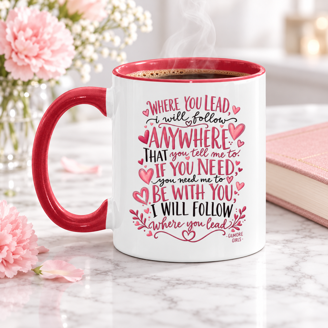 Where You Lead I Will Follow Accent Mug, Mother Daughter Love Coffee Cup, Inspirational Family Gift, Red Two Tone Ceramic Mug - Image 3
