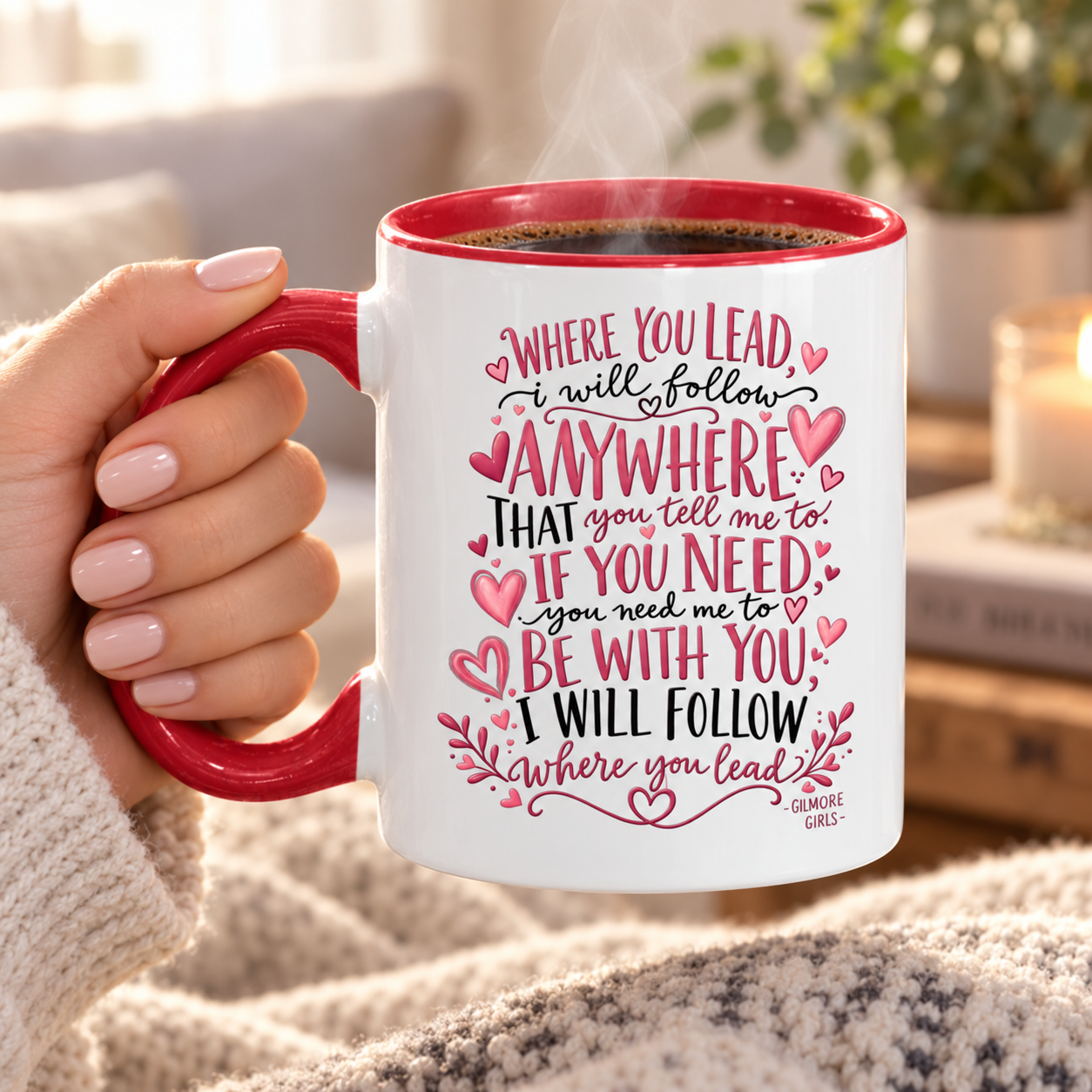 Where You Lead I Will Follow Accent Mug, Mother Daughter Love Coffee Cup, Inspirational Family Gift, Red Two Tone Ceramic Mug - Image 4