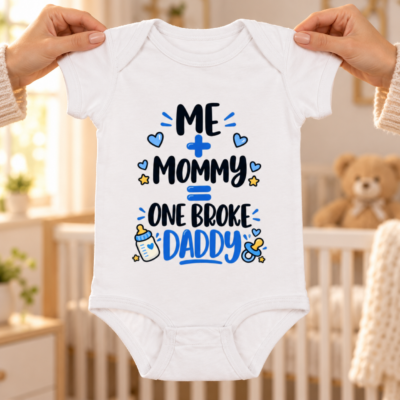 Alternative view of Me Plus Mommy Equals One Broke Daddy Baby Bodysuit, Funny Baby Boy Outfit, New Dad Gift, Father’s Day Infant Romper
