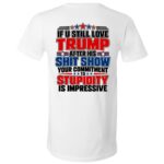 If U Still Love Trump After His Shit Show Back Print Shirt, Political Satire T-Shirt, Anti Trump Statement Graphic Tee, White, V-Neck T-Shirt