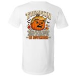 Trumpkin Halloween Back Print Shirt, Political Pumpkin Satire T-Shirt, Funny Election Halloween Graphic Tee, White, V-Neck T-Shirt