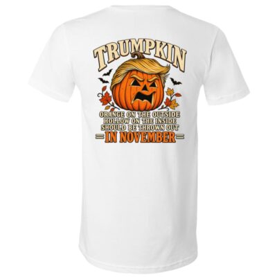 Trumpkin Halloween Back Print Shirt, Political Pumpkin Satire T-Shirt, Funny Election Halloween Graphic Tee, White, V-Neck T-Shirt