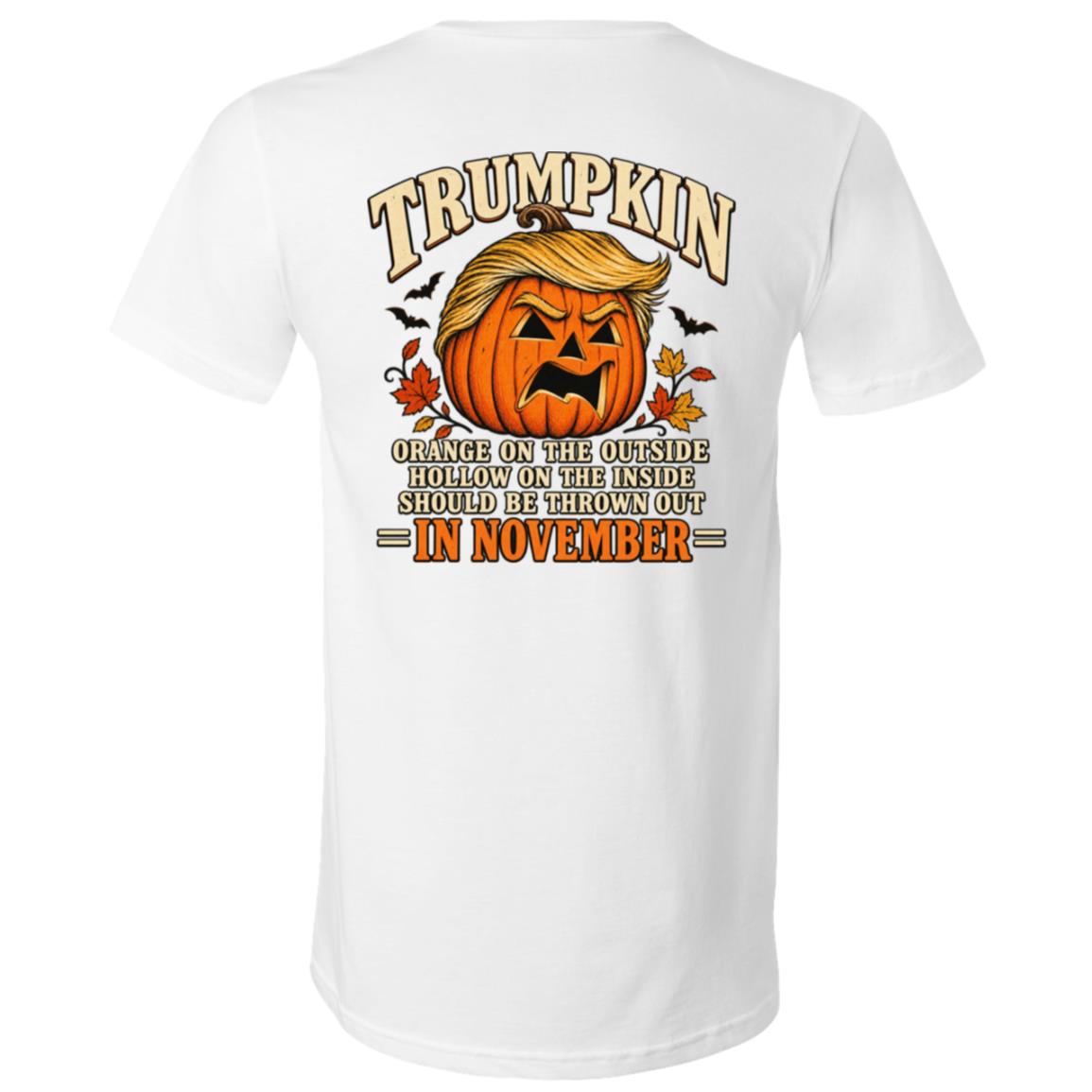 Trumpkin Halloween Back Print Shirt, Political Pumpkin Satire T-Shirt, Funny Election Halloween Graphic Tee, White, V-Neck T-Shirt