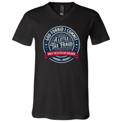 God Forbid I Commit A Little Tax Fraud Shirt, Dark Humor Political Satire T-Shirt, Funny Sarcastic Statement Tee, Black, V-Neck T-Shirt