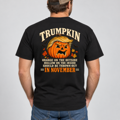 Alternative view of Trumpkin Halloween Back Print Shirt, Political Pumpkin Satire T-Shirt, Funny Election Halloween Graphic Tee