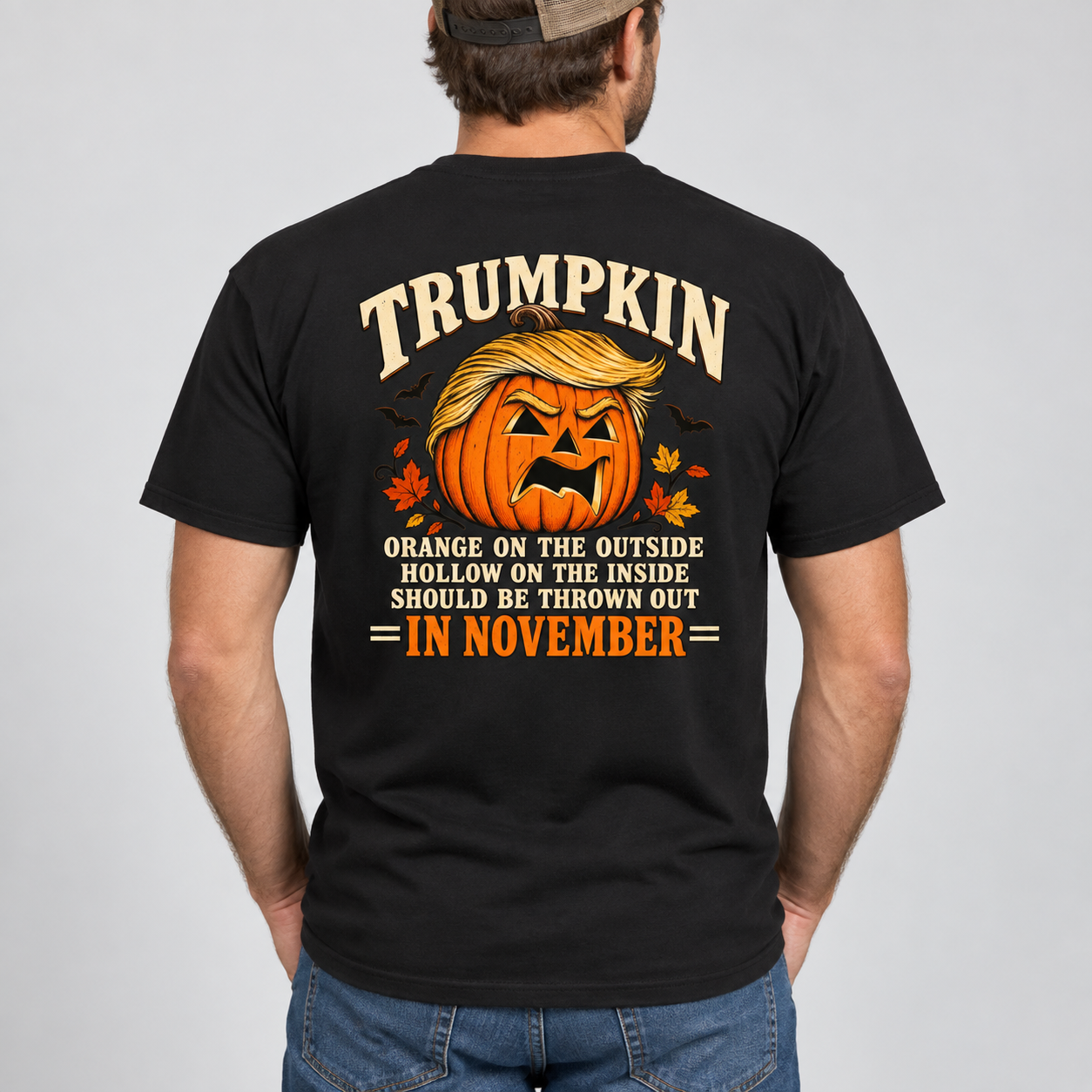 Trumpkin Halloween Back Print Shirt, Political Pumpkin Satire T-Shirt, Funny Election Halloween Graphic Tee - Image 2