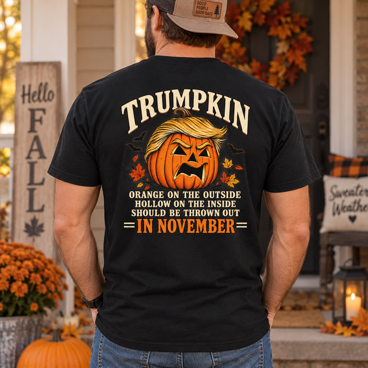 Trumpkin Halloween Back Print Shirt, Political Pumpkin Satire T-Shirt, Funny Election Halloween Graphic Tee - Image 3