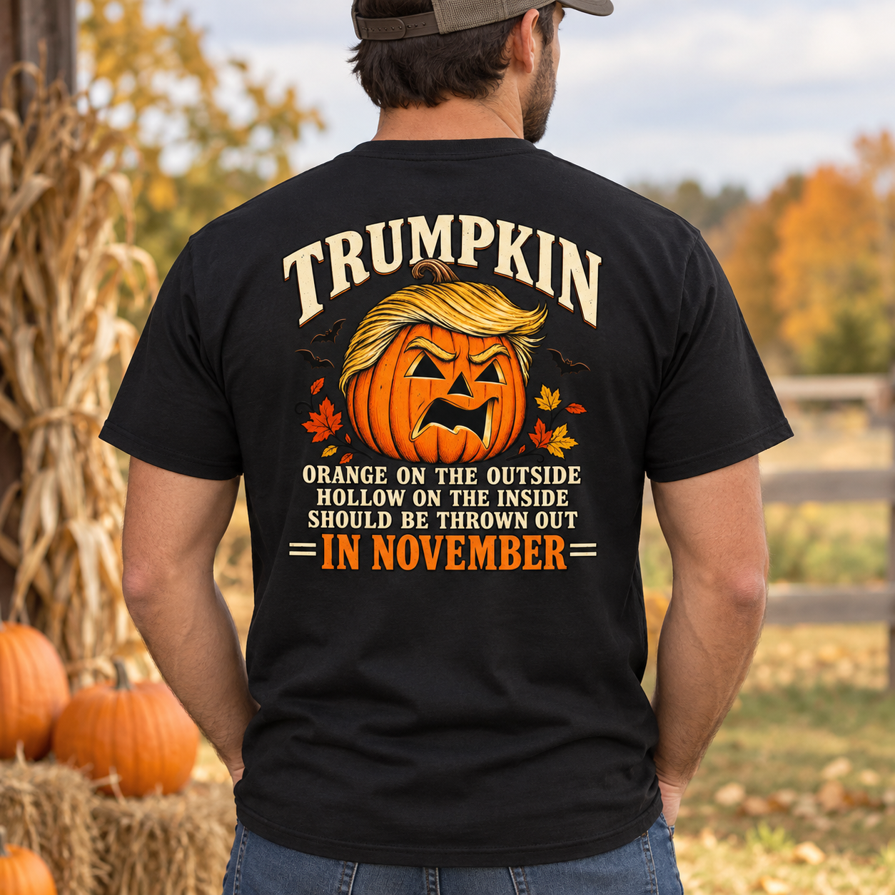 Trumpkin Halloween Back Print Shirt, Political Pumpkin Satire T-Shirt, Funny Election Halloween Graphic Tee - Image 8