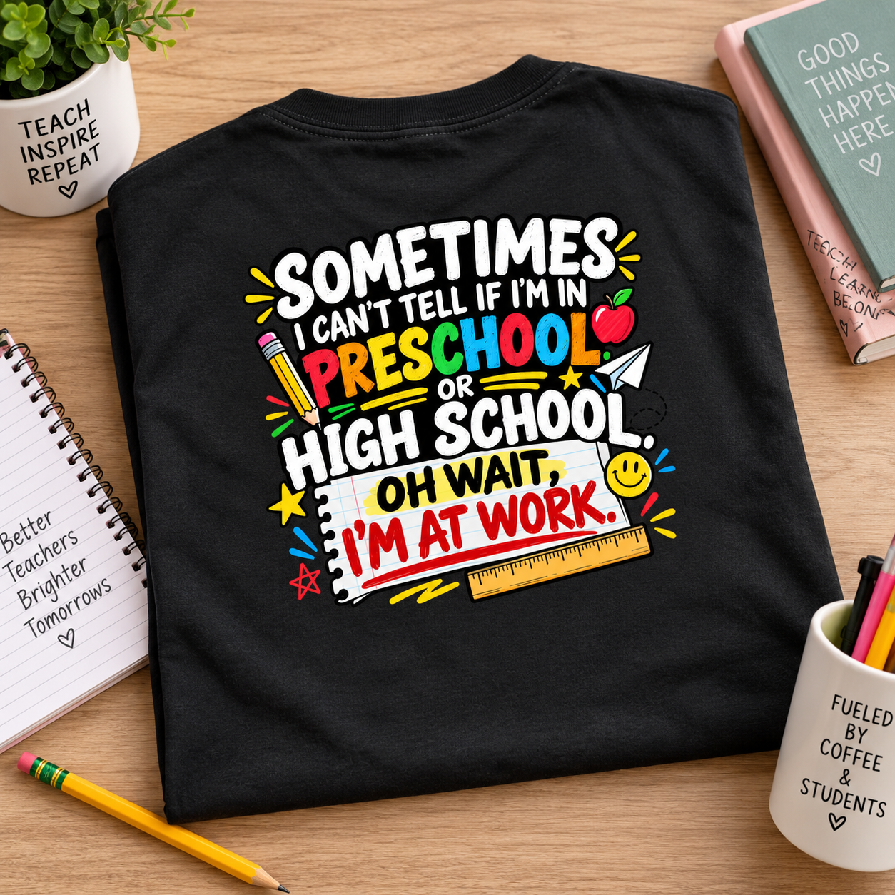Sometimes I Can’t Tell If I’m In Preschool Or High School Shirt, Funny Teacher Back Print T-Shirt - Image 3