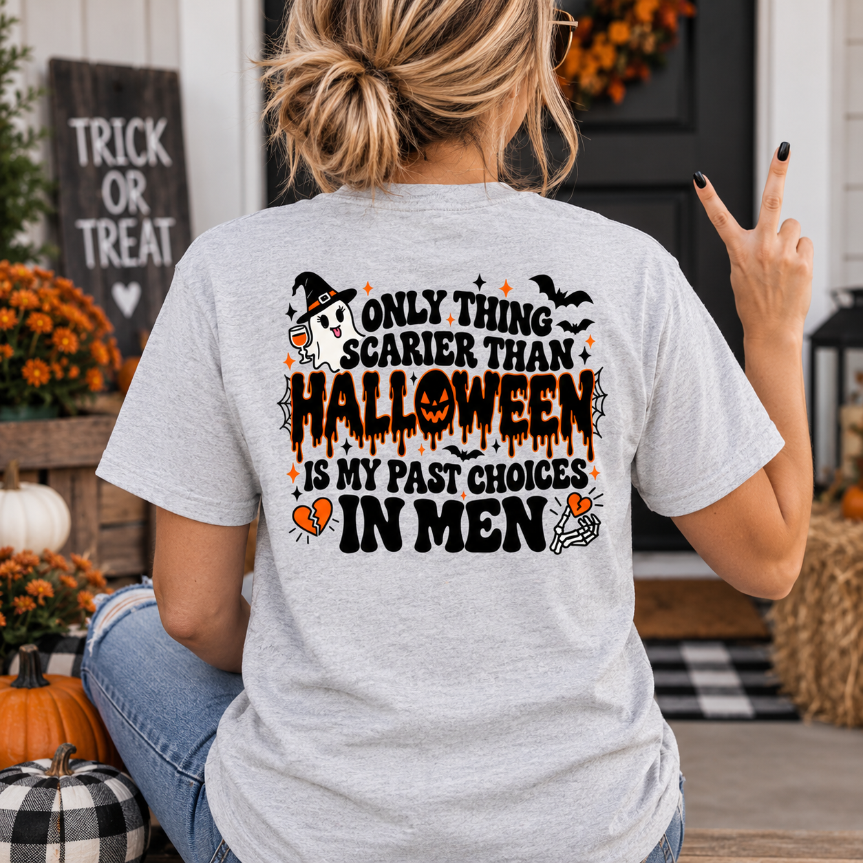 Only Thing Scarier Than Halloween Is My Past Choices In Men Shirt, Funny Women Halloween T-Shirt - Image 2