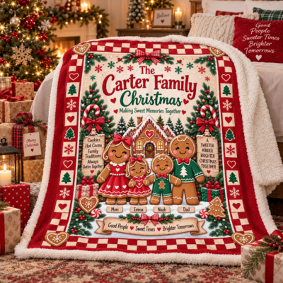 Alternative view of Personalized Gingerbread Family Christmas Blanket, Custom Family Name & Kids Names Holiday Blanket, Cute Gingerbread Christmas Gift for Family