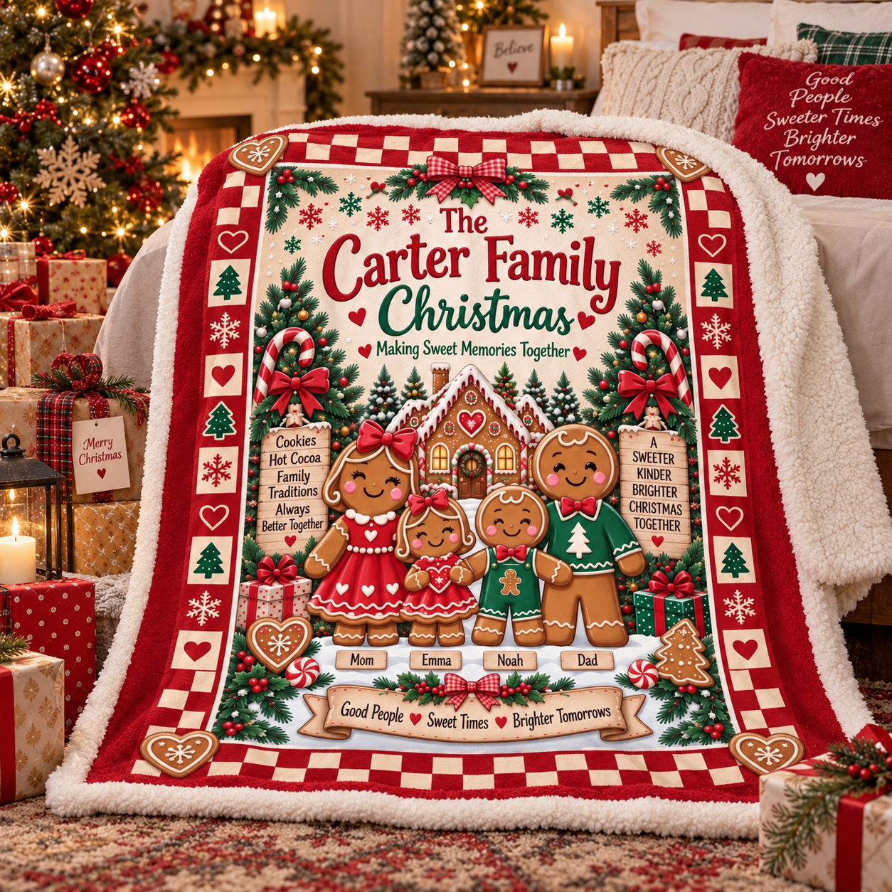 Personalized Gingerbread Family Christmas Blanket, Custom Family Name & Kids Names Holiday Blanket, Cute Gingerbread Christmas Gift for Family - Image 2