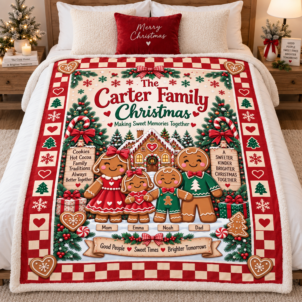 Personalized Gingerbread Family Christmas Blanket, Custom Family Name & Kids Names Holiday Blanket, Cute Gingerbread Christmas Gift for Family - Image 3