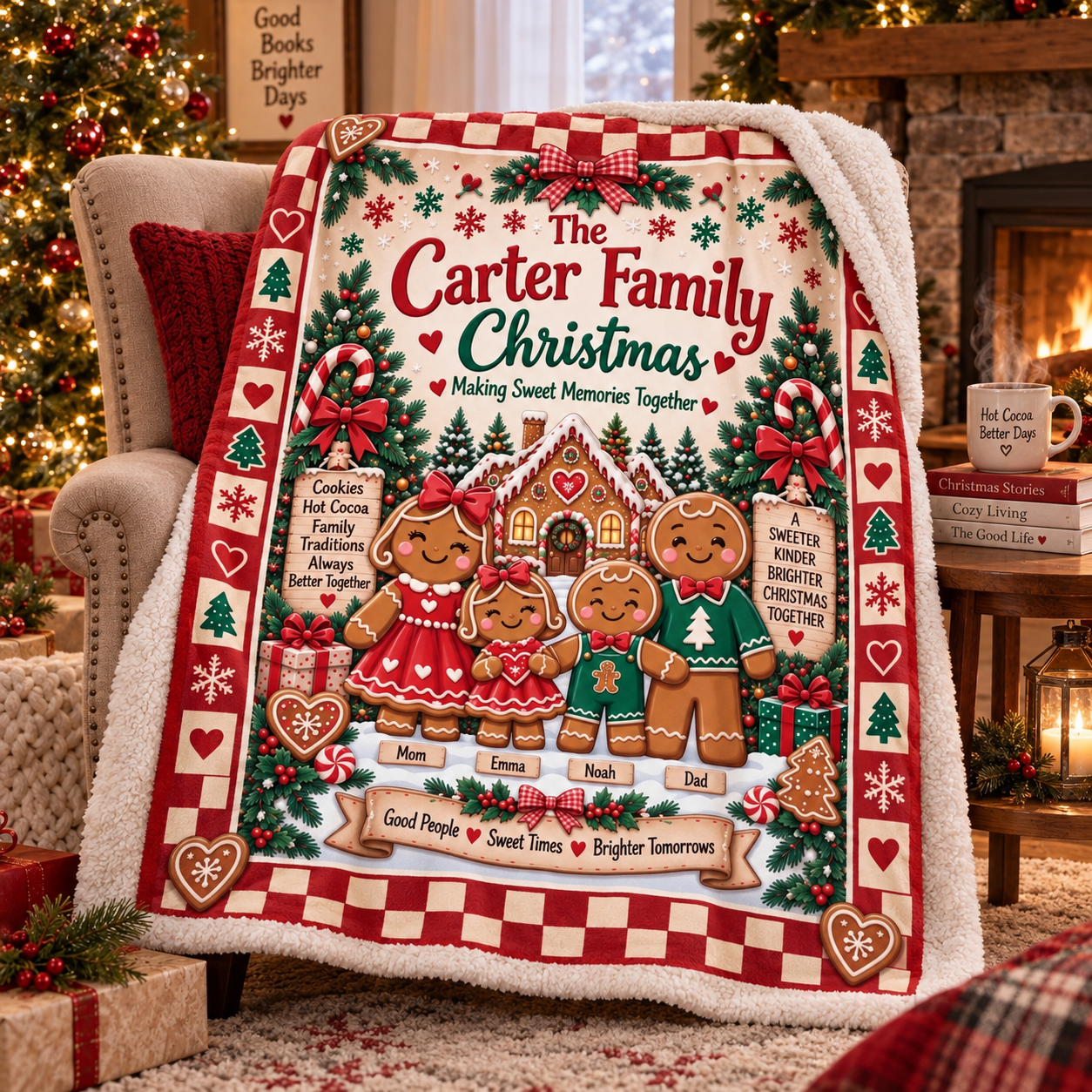 Personalized Gingerbread Family Christmas Blanket, Custom Family Name & Kids Names Holiday Blanket, Cute Gingerbread Christmas Gift for Family - Image 4