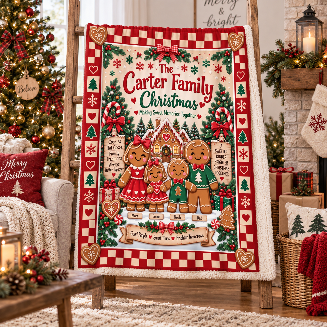 Personalized Gingerbread Family Christmas Blanket, Custom Family Name & Kids Names Holiday Blanket, Cute Gingerbread Christmas Gift for Family - Image 9