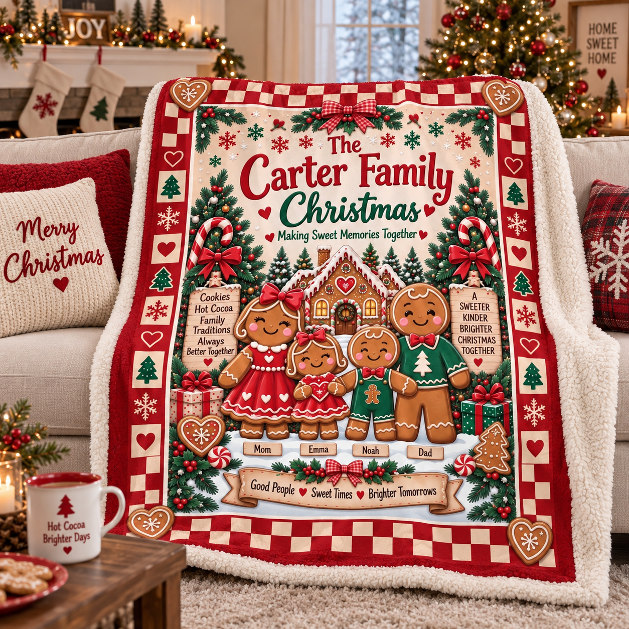 Personalized Gingerbread Family Christmas Blanket, Custom Family Name & Kids Names Holiday Blanket, Cute Gingerbread Christmas Gift for Family - Image 1