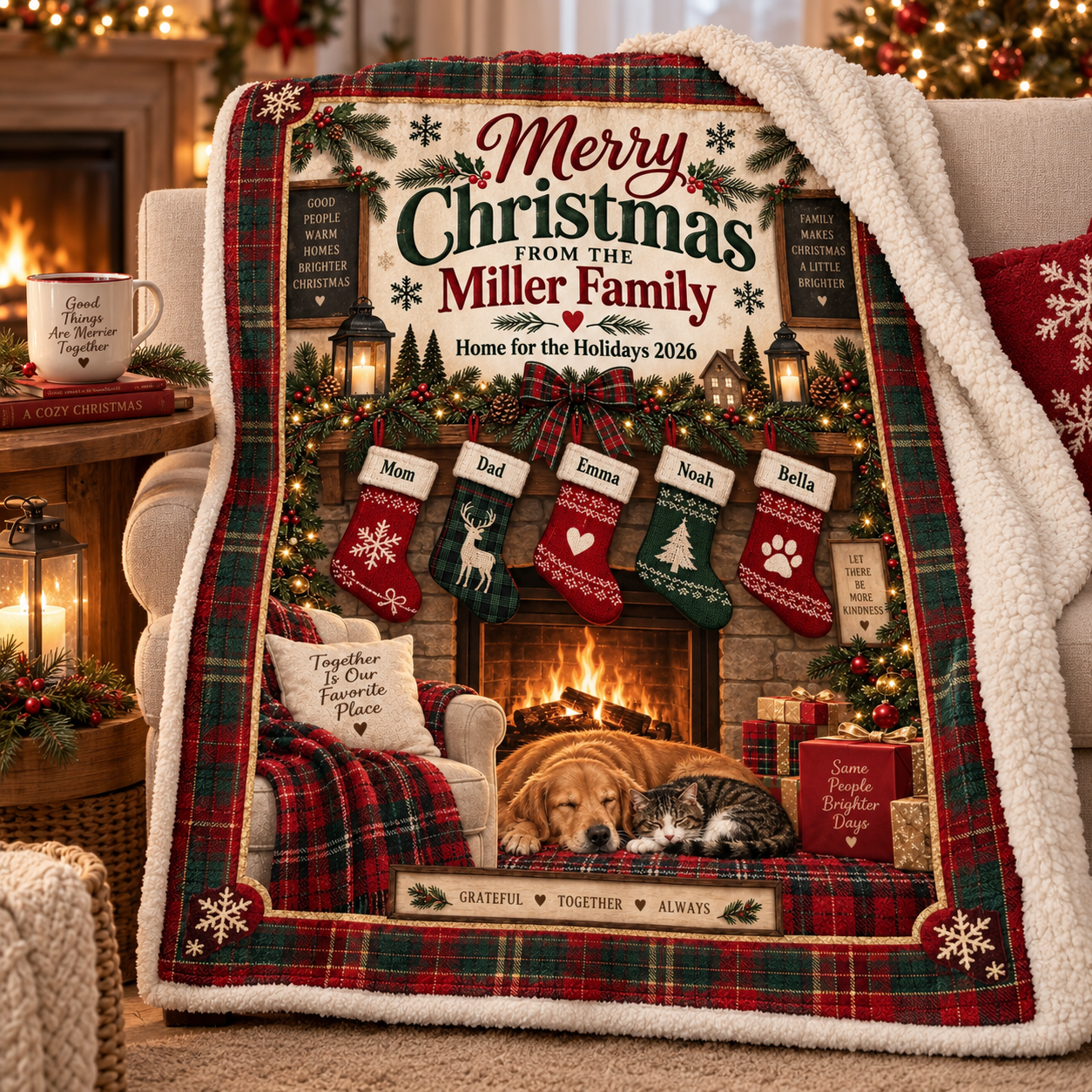 Personalized Family Christmas Fireplace Blanket, Custom Family Name & Stocking Names Holiday Blanket, Cozy Christmas Gift for Family - Image 1