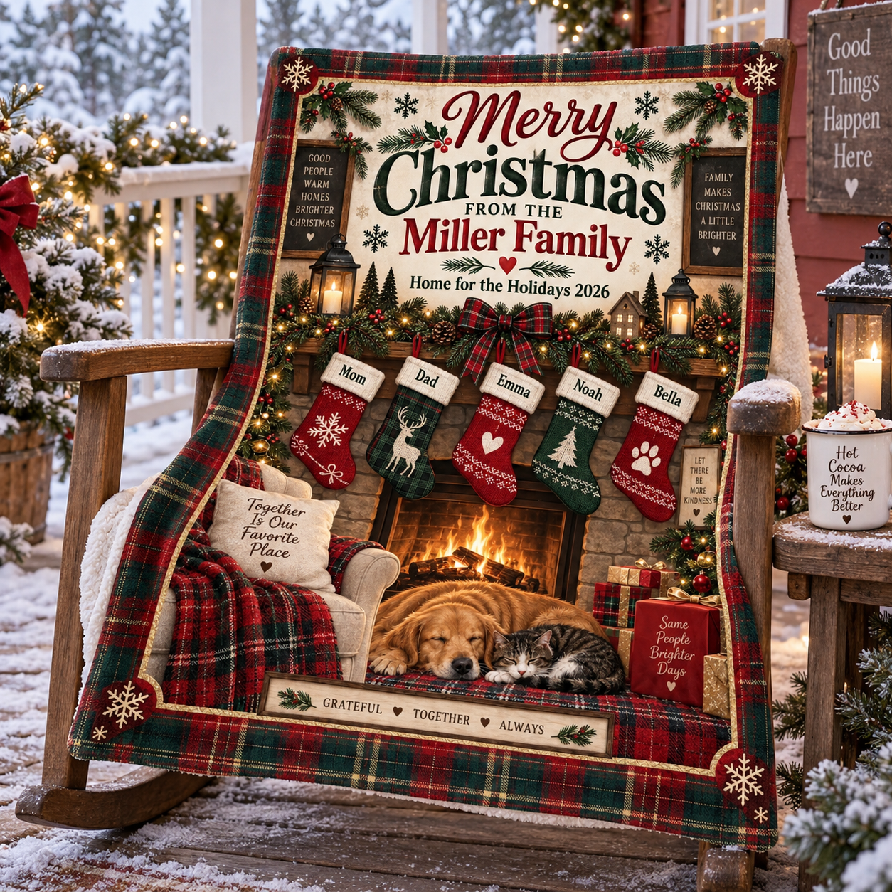 Personalized Family Christmas Fireplace Blanket, Custom Family Name & Stocking Names Holiday Blanket, Cozy Christmas Gift for Family - Image 2