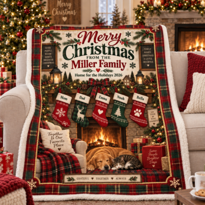 Personalized Family Christmas Fireplace Blanket, Custom Family Name & Stocking Names Holiday Blanket, Cozy Christmas Gift for Family