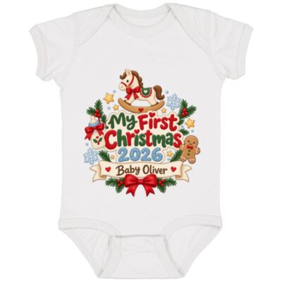 Personalized Baby’s First Christmas 2026 Onesie, Custom Baby Name Christmas Bodysuit, White, Infant Baby Bodysuit