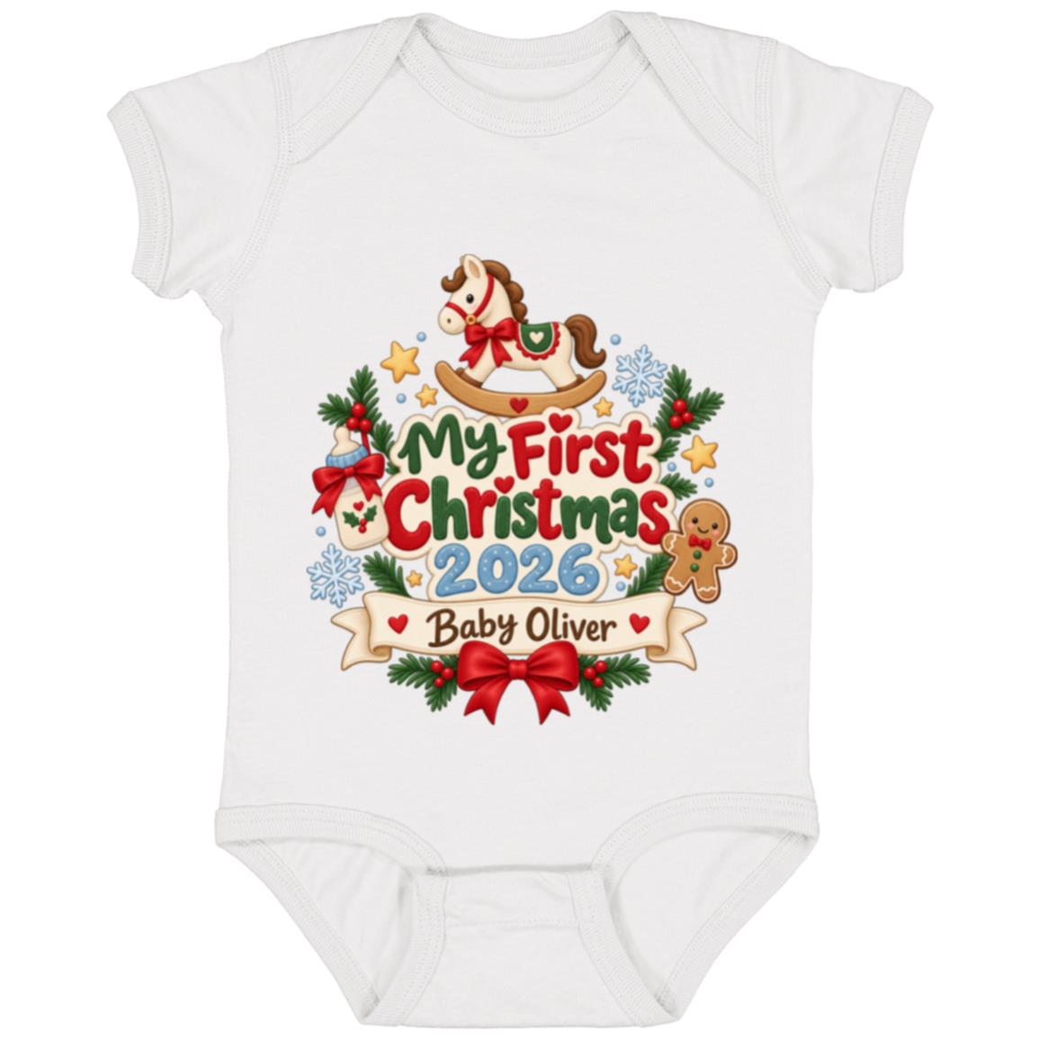 Personalized Baby’s First Christmas 2026 Onesie, Custom Baby Name Christmas Bodysuit, White, Infant Baby Bodysuit