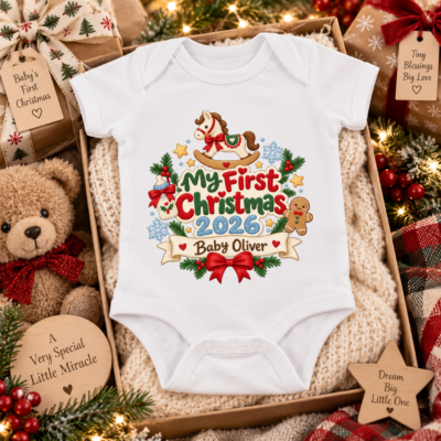 Alternative view of Personalized Baby’s First Christmas 2026 Onesie, Custom Baby Name Christmas Bodysuit