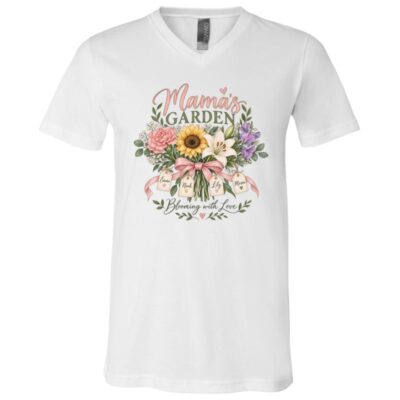 Personalized Mama’s Garden Birth Flower Shirt, Custom Kids Names Floral Mom T-Shirt, Birth Month Flower Mother Gift, White, V-Neck T-Shirt