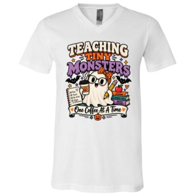Teaching Tiny Monsters Halloween Teacher Shirt, Funny Ghost Teacher T-Shirt, Spooky Preschool Elementary Teacher, White, V-Neck T-Shirt