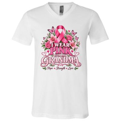 I Wear Pink for My Grandma Breast Cancer Awareness Shirt, Pink Ribbon Support T-Shirt, Grandma Cancer Support Gift, White, V-Neck T-Shirt