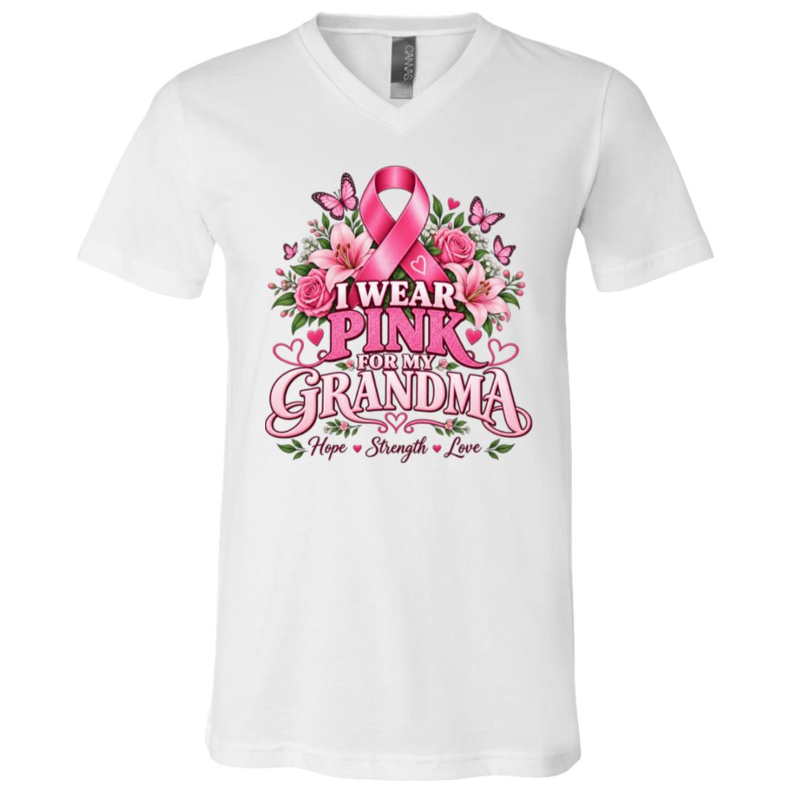 I Wear Pink for My Grandma Breast Cancer Awareness Shirt, Pink Ribbon Support T-Shirt, Grandma Cancer Support Gift, White, V-Neck T-Shirt