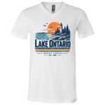 Lake Ontario Great Lakes Shirt, Retro Lighthouse Sunset T-Shirt, Vintage Lake Ontario Vacation Camping Fishing Tee, White, V-Neck T-Shirt