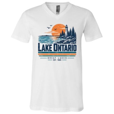 Lake Ontario Great Lakes Shirt, Retro Lighthouse Sunset T-Shirt, Vintage Lake Ontario Vacation Camping Fishing Tee, White, V-Neck T-Shirt