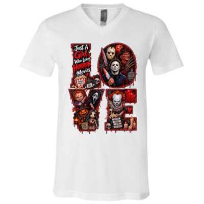Horror Movie Lover Shirt, Scary Movie LOVE Halloween T-Shirt, Retro Slasher Horror Fan Graphic Tee, Spooky Season Shirt, White, V-Neck T-Shirt