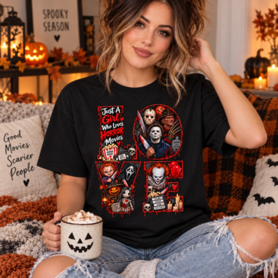 Alternative view of Horror Movie Lover Shirt, Just a Girl Who Loves Horror Movies, Scary Movie LOVE Halloween T-Shirt, Spooky Season Shirt