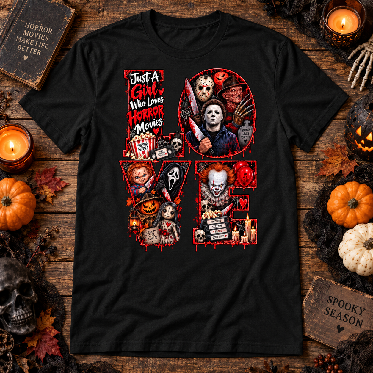 Horror Movie Lover Shirt, Just a Girl Who Loves Horror Movies, Scary Movie LOVE Halloween T-Shirt, Spooky Season Shirt - Image 5