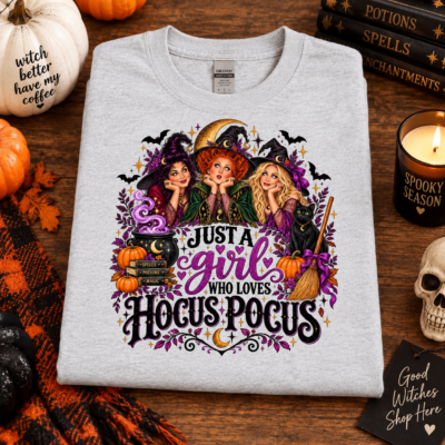 Alternative view of Just a Girl Who Loves Hocus Pocus Halloween Shirt, Cute Witch Girls Halloween T-Shirt, Spooky Season Witch Lover Tee