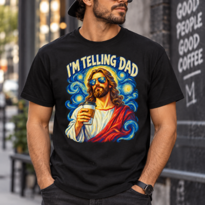 Alternative view of I’m Telling Dad Funny Jesus Shirt, Christian Humor T-Shirt, Jesus Coffee Graphic Tee, Funny Faith Gift for Christians