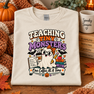 Alternative view of Teaching Tiny Monsters Halloween Teacher Shirt, Funny Ghost Teacher T-Shirt, Spooky Preschool Elementary Teacher Coffee Tee