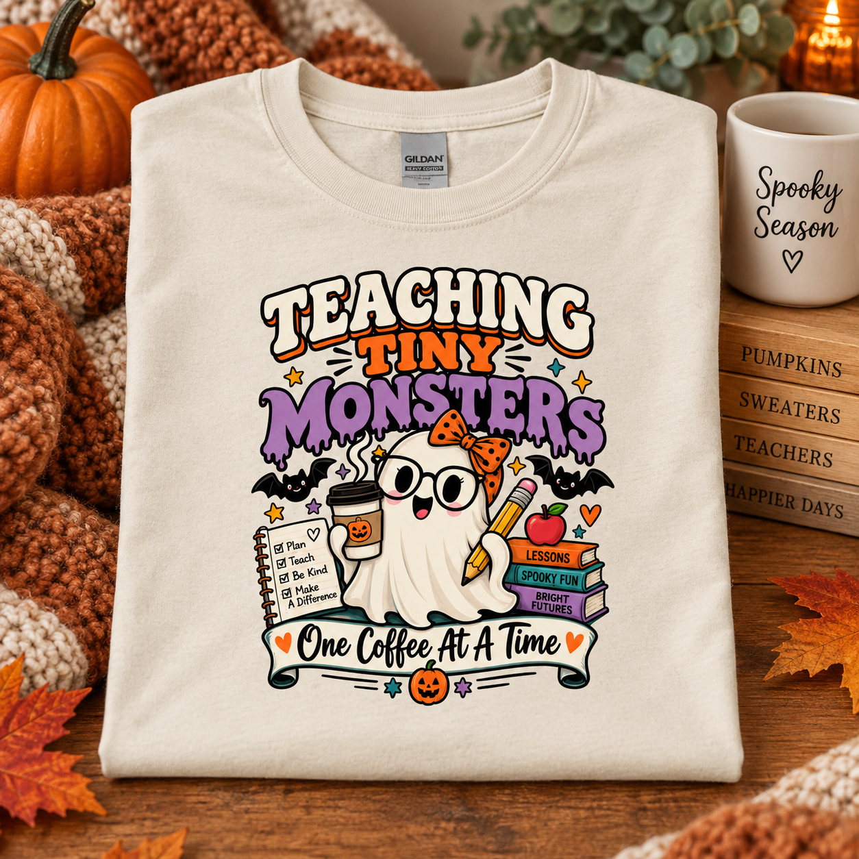 Teaching Tiny Monsters Halloween Teacher Shirt, Funny Ghost Teacher T-Shirt, Spooky Preschool Elementary Teacher Coffee Tee - Image 2