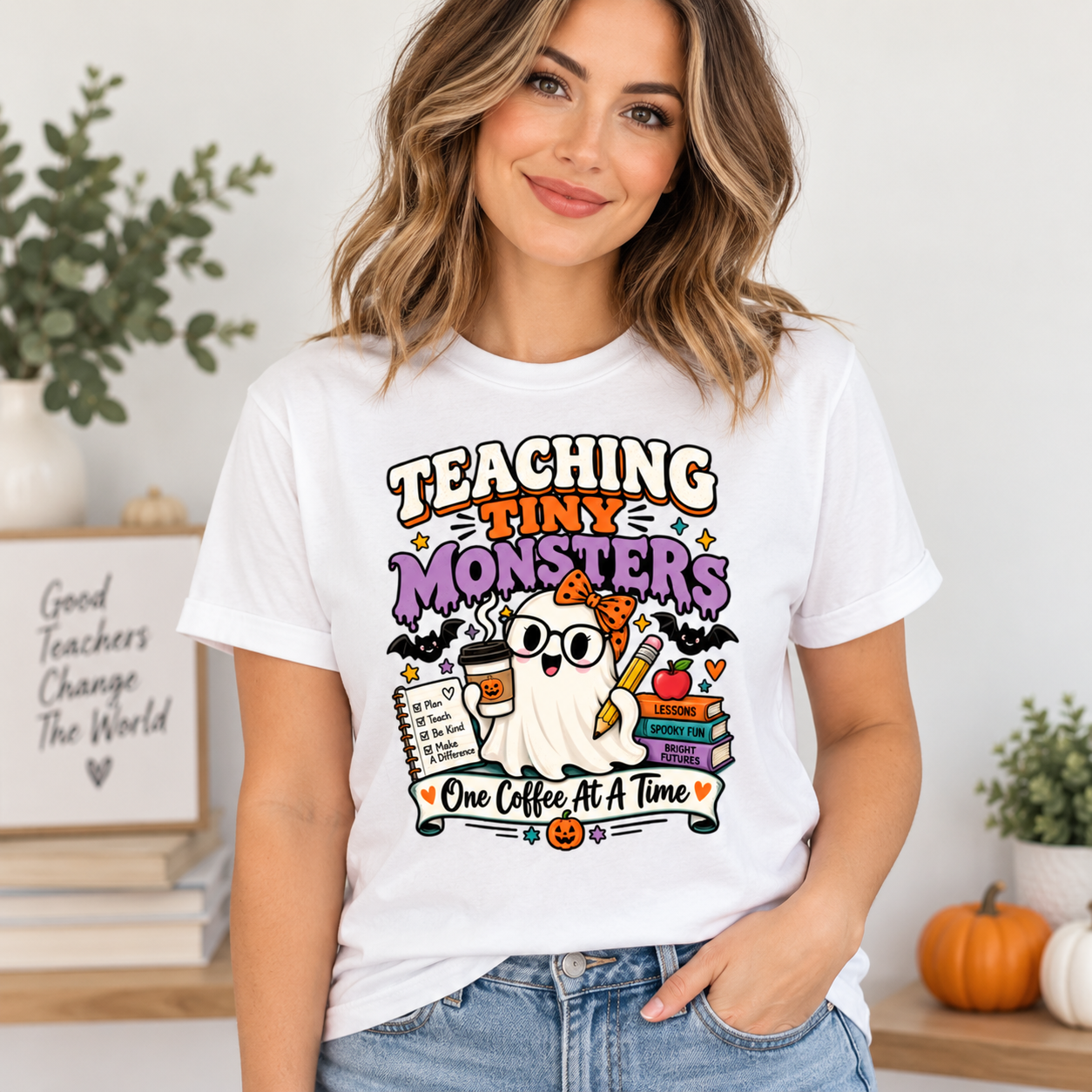 Teaching Tiny Monsters Halloween Teacher Shirt, Funny Ghost Teacher T-Shirt, Spooky Preschool Elementary Teacher Coffee Tee - Image 6