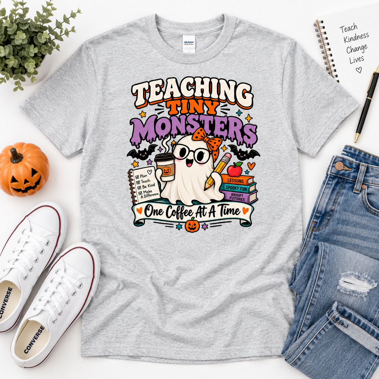 Teaching Tiny Monsters Halloween Teacher Shirt, Funny Ghost Teacher T-Shirt, Spooky Preschool Elementary Teacher Coffee Tee - Image 7