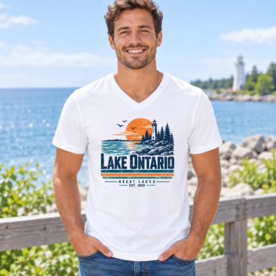 Alternative view of Lake Ontario Great Lakes Shirt, Retro Lighthouse Sunset T-Shirt, Vintage Lake Ontario Vacation Camping Fishing Tee