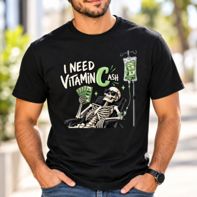 Alternative view of I Need Vitamin C Ash T-Shirt, Funny Cash Money Skeleton Shirt, Vitamin Cash Pun Tee, Sarcastic Money Lover Graphic Shirt