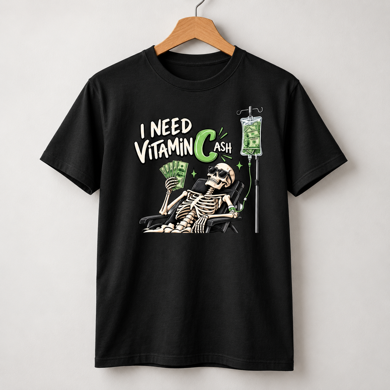 I Need Vitamin C Ash T-Shirt, Funny Cash Money Skeleton Shirt, Vitamin Cash Pun Tee, Sarcastic Money Lover Graphic Shirt - Image 4