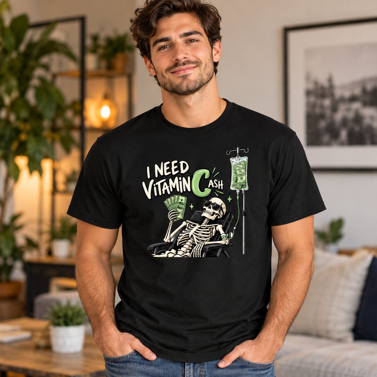 I Need Vitamin C Ash T-Shirt, Funny Cash Money Skeleton Shirt, Vitamin Cash Pun Tee, Sarcastic Money Lover Graphic Shirt - Image 5
