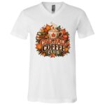 Cozy Fall Coffee Club Shirt – Autumn Coffee Lover T-Shirt, Maple Leaf Latte Fall Gift, White, V-Neck T-Shirt