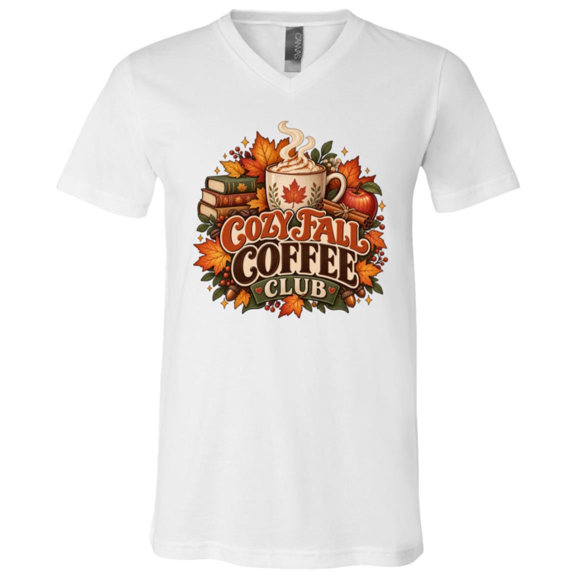 Cozy Fall Coffee Club Shirt – Autumn Coffee Lover T-Shirt, Maple Leaf Latte Fall Gift, White, V-Neck T-Shirt