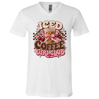Iced Coffee Girl Club Shirt – Cute Coquette Coffee T-Shirt, Pink Bow Iced Latte Lover Gift, White, V-Neck T-Shirt