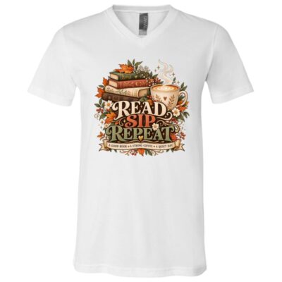 Read Sip Repeat Shirt – Book Lover Coffee T-Shirt, Cozy Fall Reading Gift for Bookish Coffee Lover, White, V-Neck T-Shirt