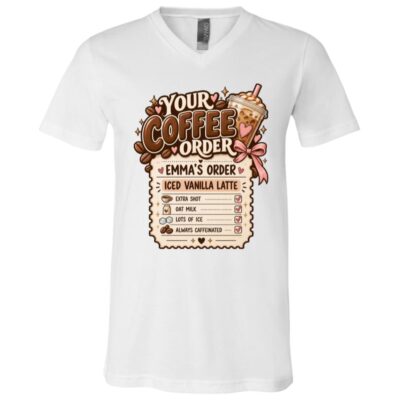 Personalized Coffee Order Shirt – Custom Name Iced Coffee Lover T-Shirt, Funny Latte Gift for Her, White, V-Neck T-Shirt